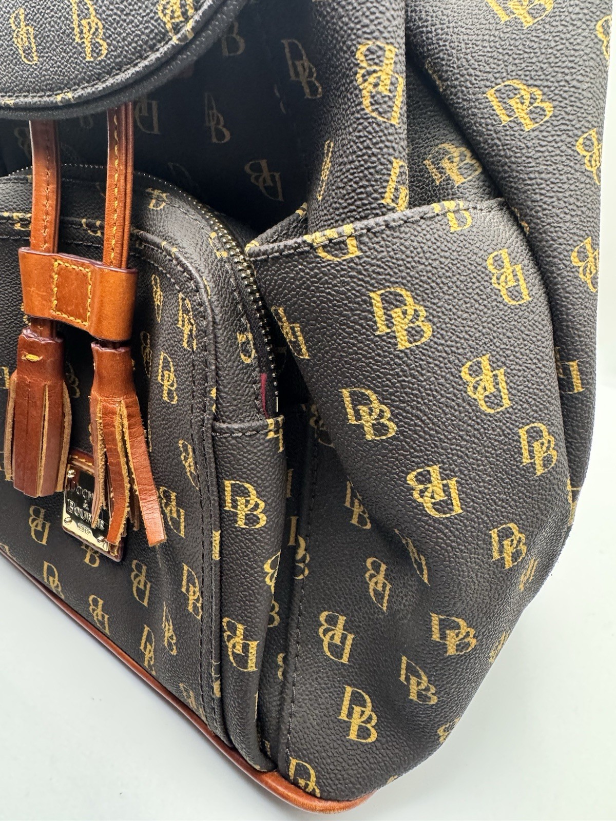 Dooney & Bourke Greta Signature Murphy Backpack Tassel Draw String Monogrammed