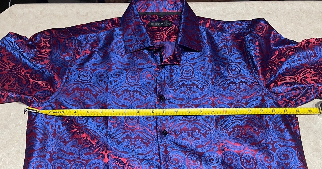 Barry Wang Men’s Red & Blue Paisley Silk Button Down Front Dress Shirt Sz M