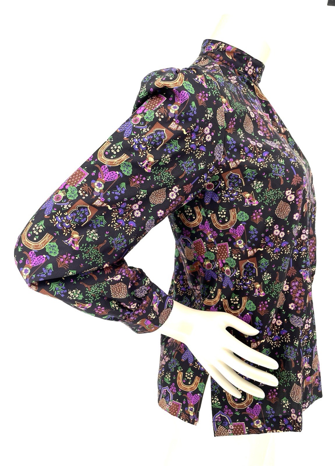 Amazing VTG 80s High Neck Sultan Raja Warrior Horse Print Button Up Shirt Top md