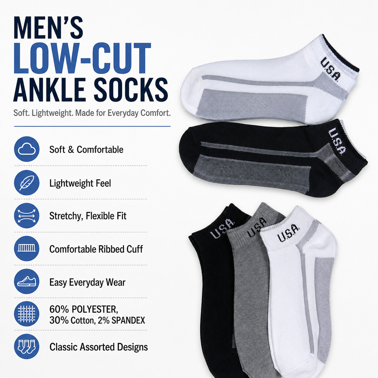 6–12 Pairs USA Logo Cotton Blend Soft Stretch Ankle Sports Socks for Men & Women