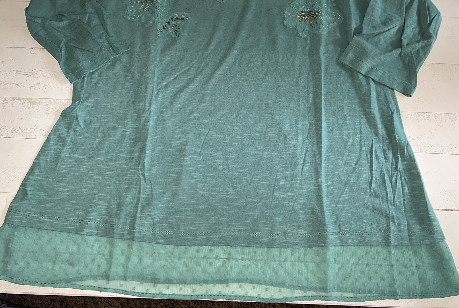 LOGO by Lori Goldstein light spearmint slub knit top with swiss dot trim Medium