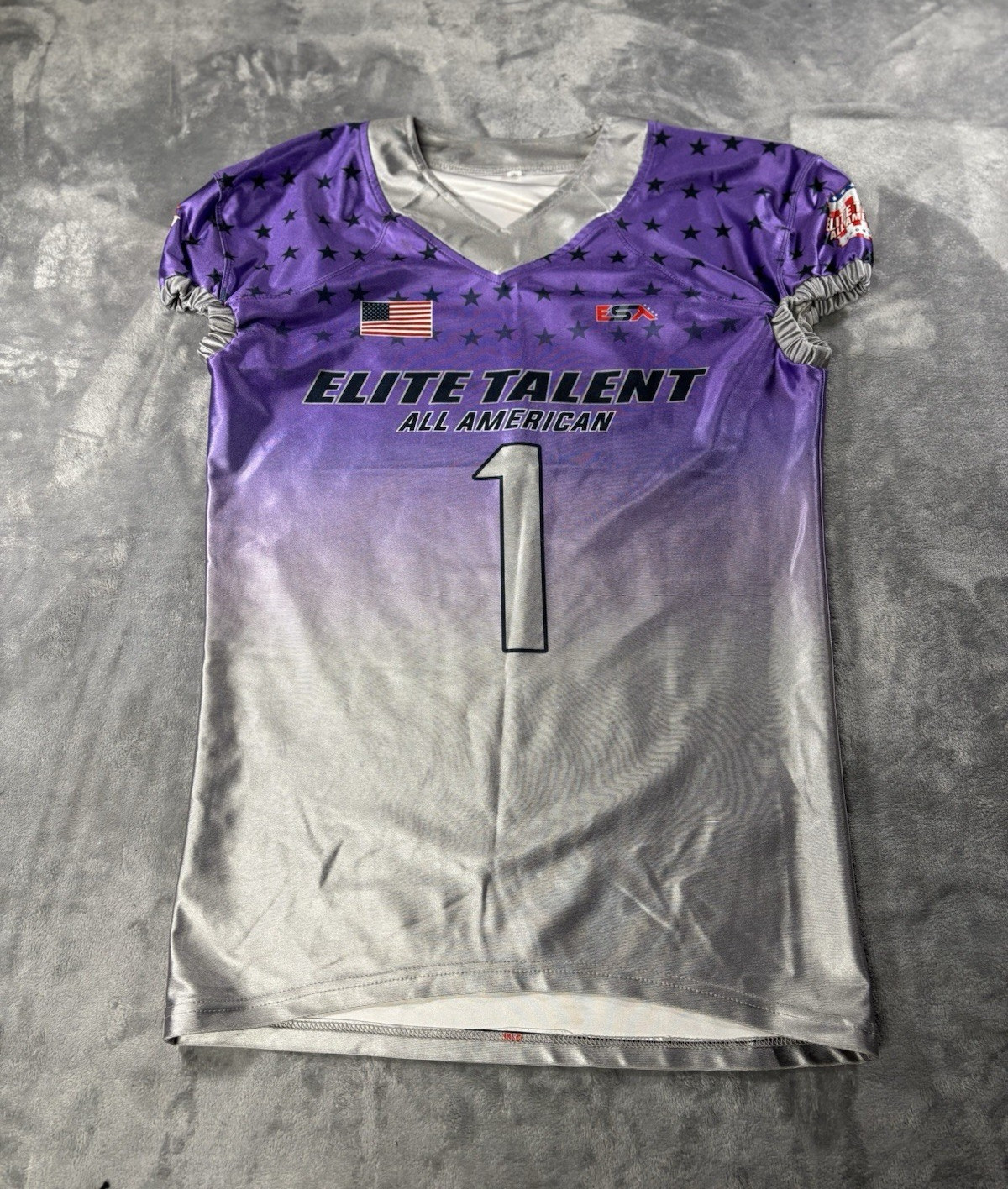 ESA Elite Talent All American Football Jersey Purple Gray M #1 Pierce V-Neck
