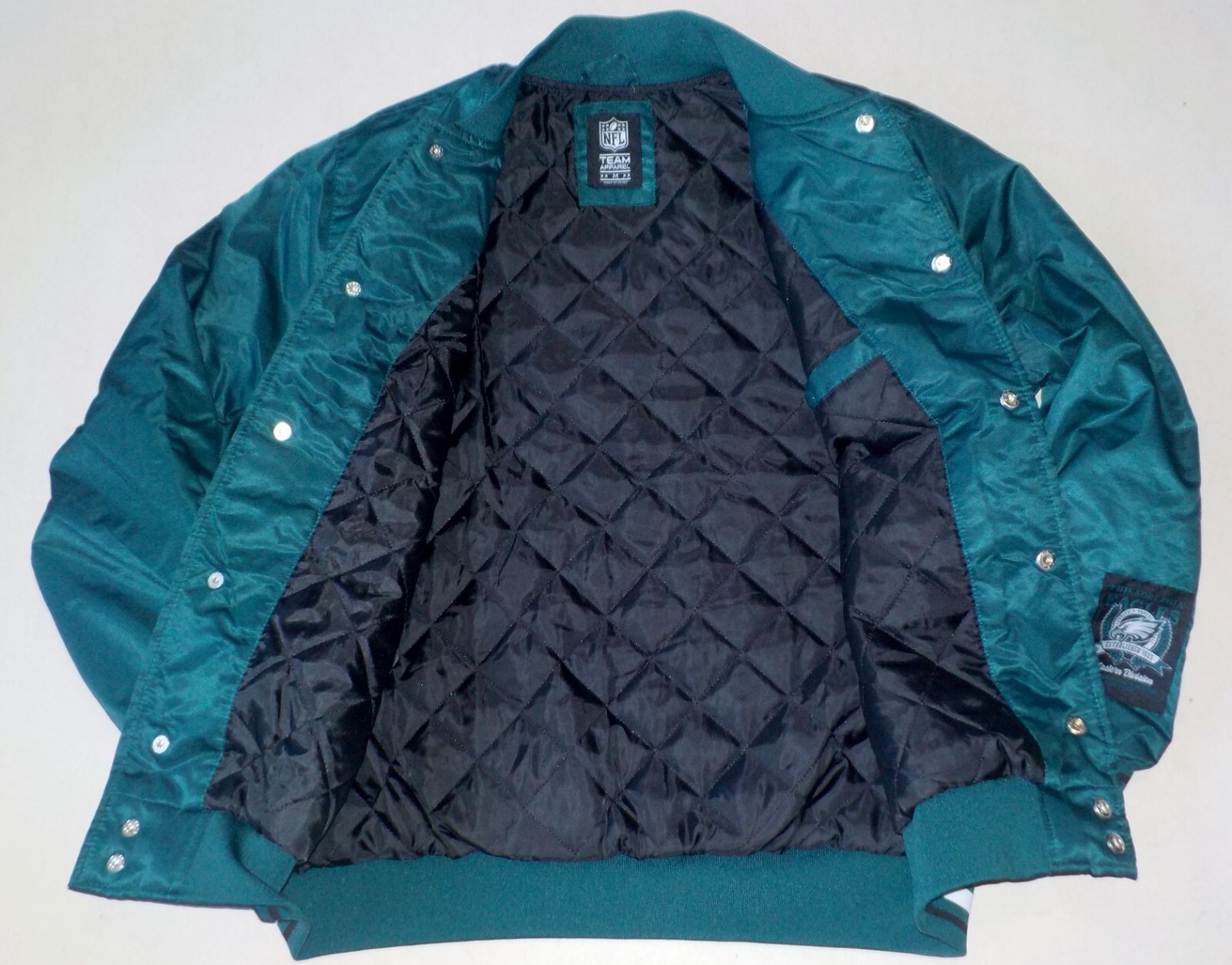 PHILADELPHIA EAGLES MIDNIGHT GREEN SATIN VARSITY JACKET MENS L NWT POCKETS NFL