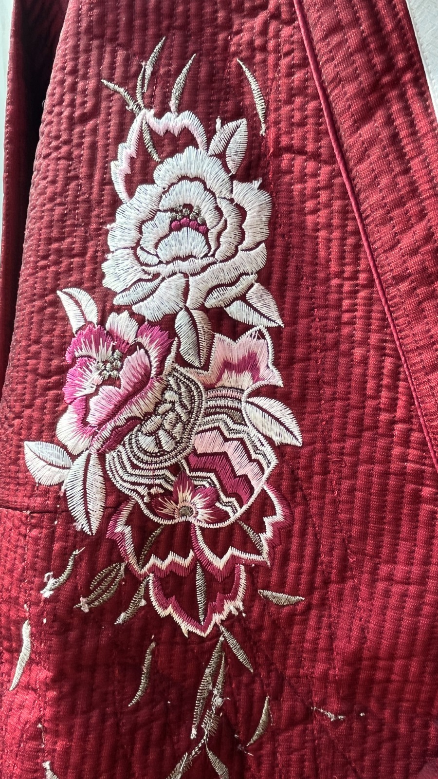 S-M Traditional Korean Modern Hanbok Set-Quilted Nubi Burgundy Top/ Pants /Scarf