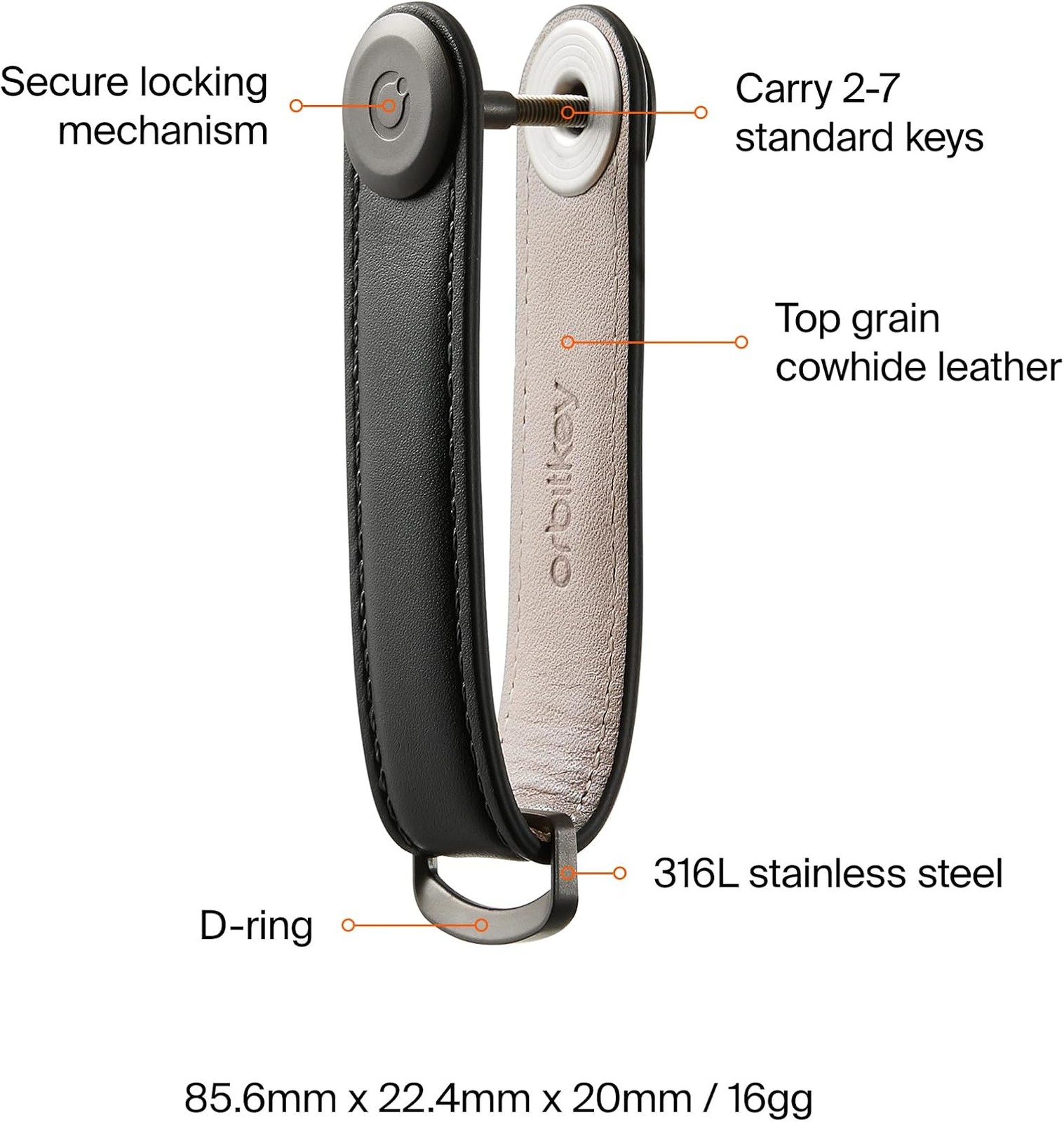 Orbitkey Leather Key Organizer, Carry 2-7 standard keys, Black/Black