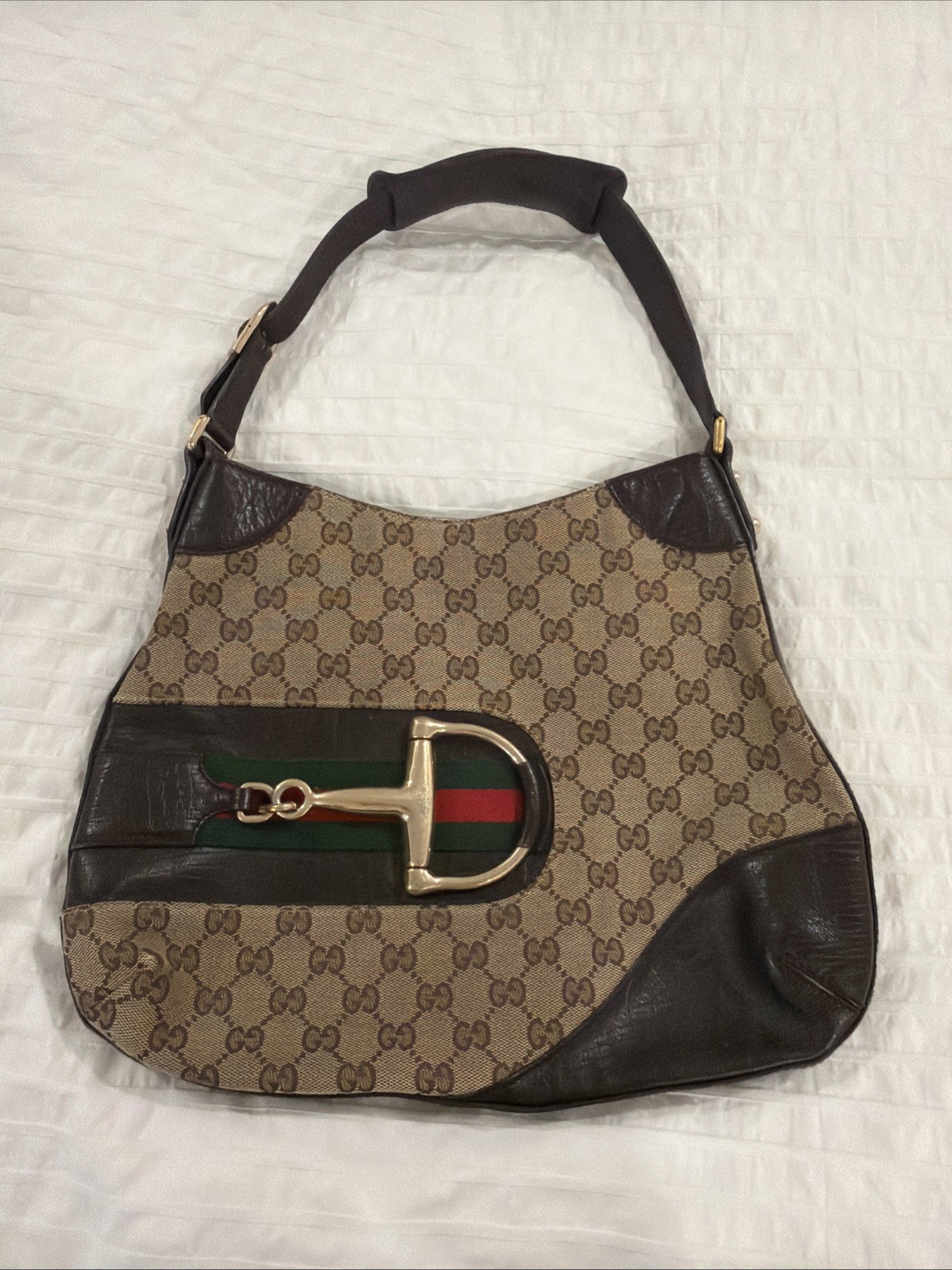 Gucci Heritage Horsebit Hobo In GG Canvas, Brown Leather Gold Bit
