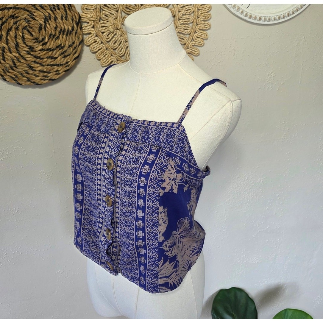 Willow + Root Peasant Tropical Cottagecore Smocked Spaghetti Strap Blue Women M