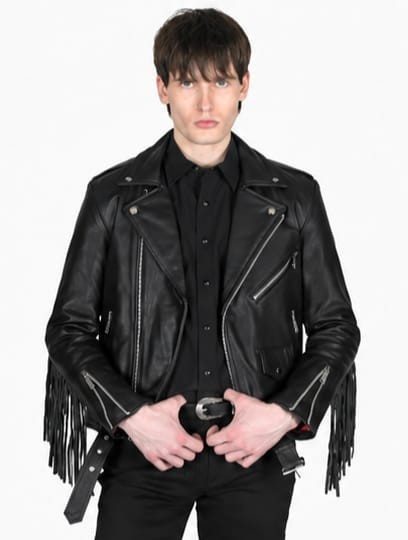 Mens Black Fringe Leather Biker Jacket Western Cowboy Motorcycle Coat