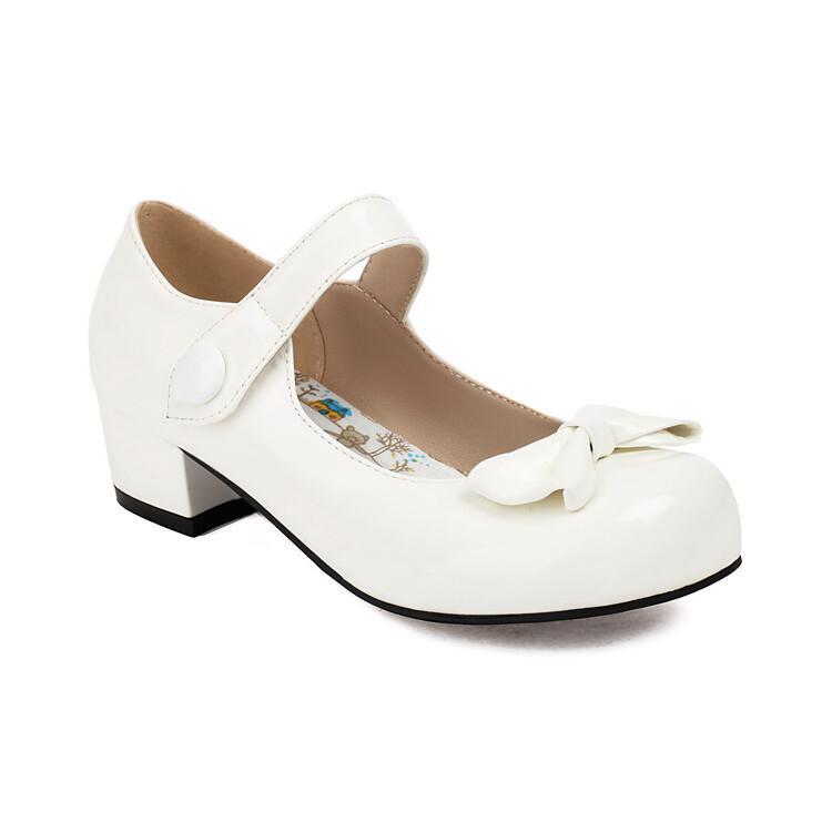 Womens Patent Leather Round Toe Bownot Mary Janes Shoes Ankle Strap Pumps Sweet