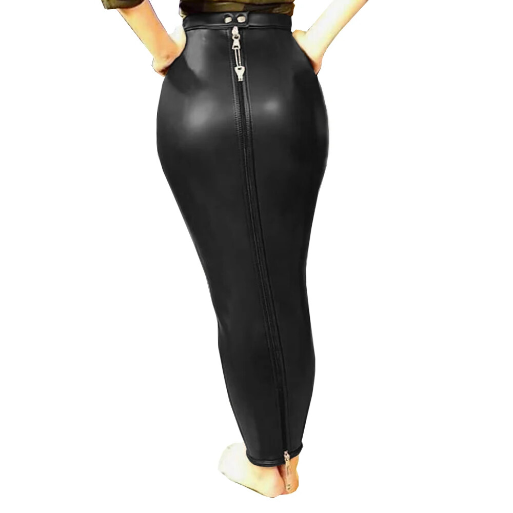 Sexy Women PU Leather High Waist Full Zip Lockable Sissy Hobble Pencil Skirts