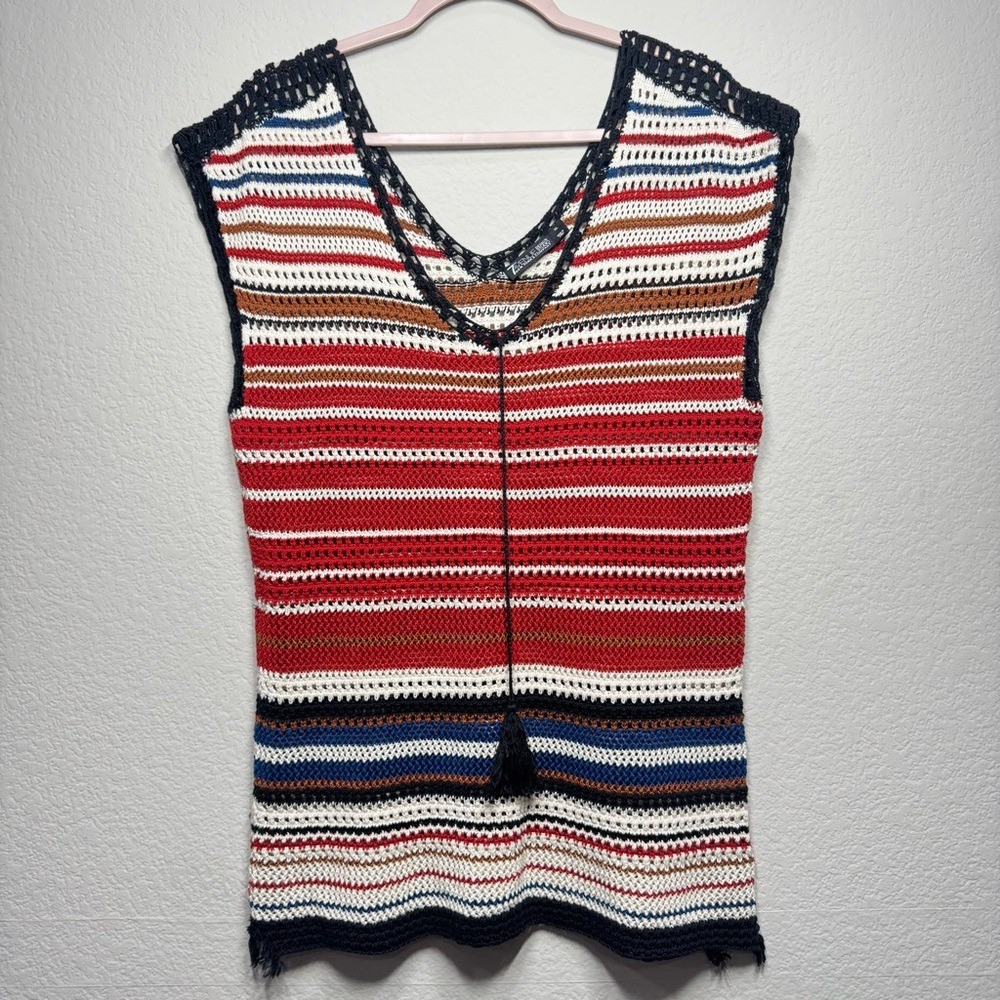 NY & Co. 7th Avenue Crochet Tunic Top XL Blue Red Sleeveless V-Neck Knit Coverup
