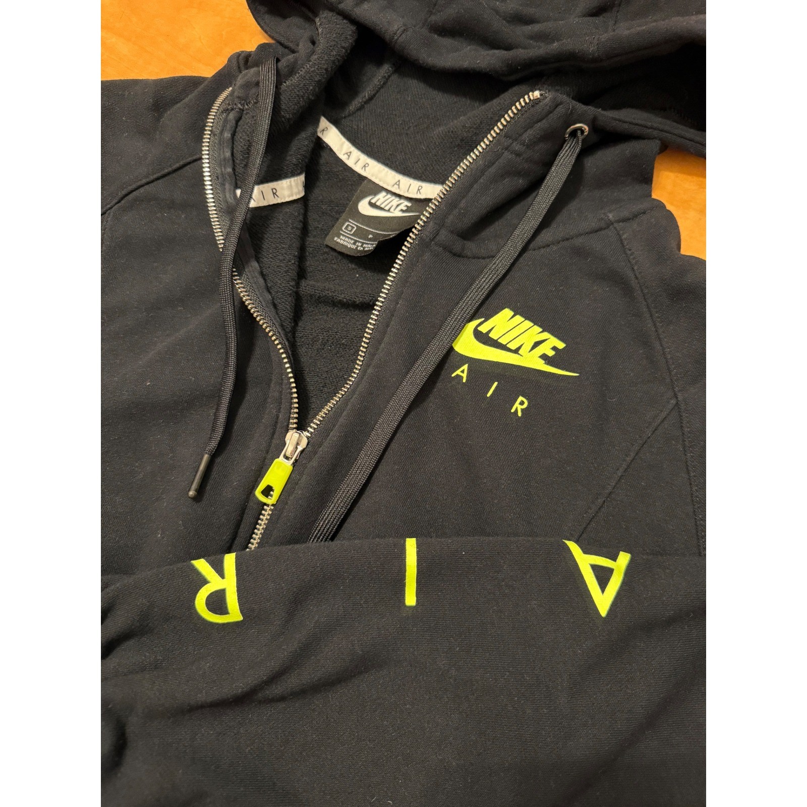 Nike Air Womens Small Black Neon Yellow Cropped Full Zip Hoodie Fleece Jacket