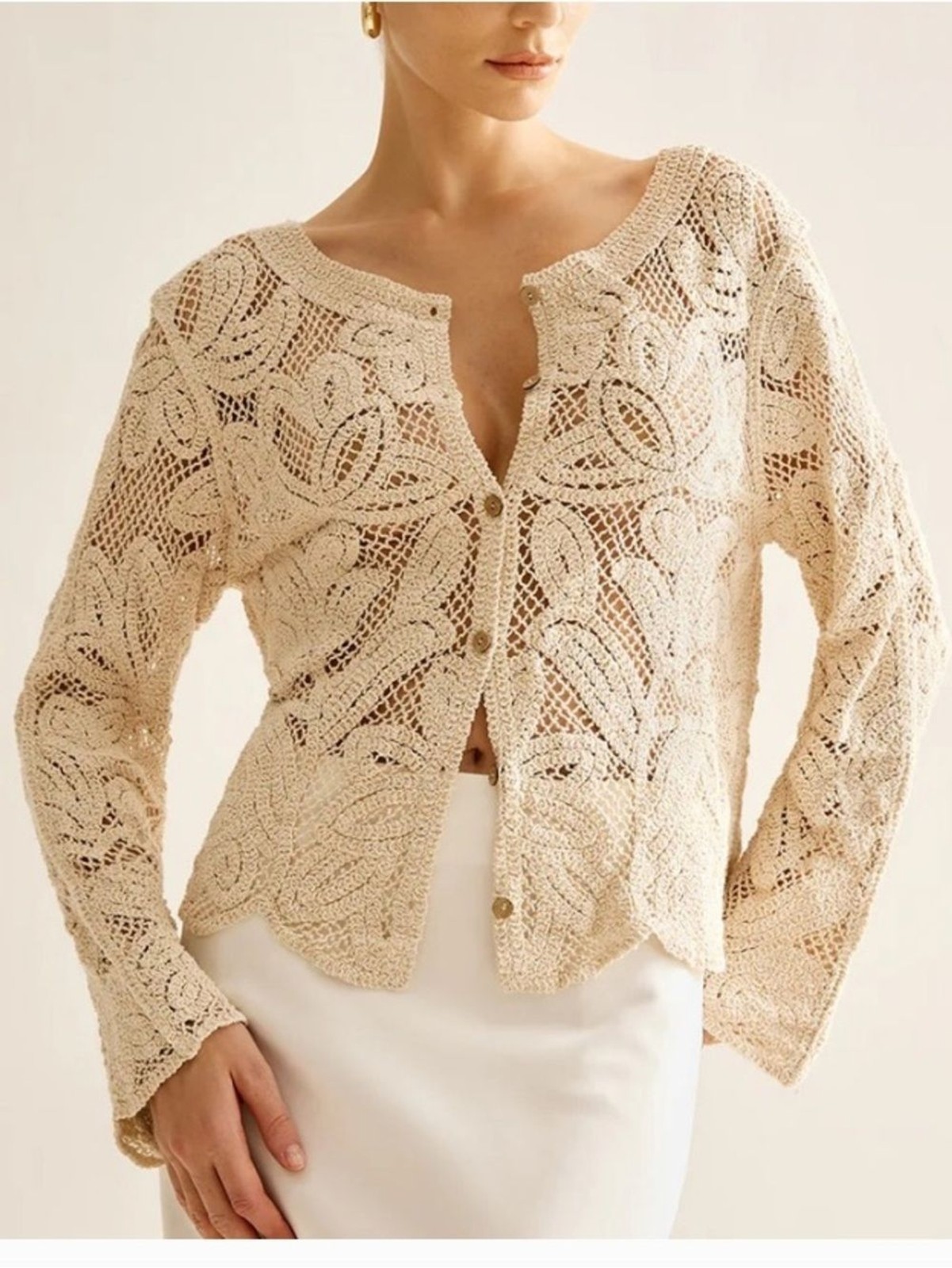 Source Unknown Cream Crochet Floral Openwork Cardigan SMALL