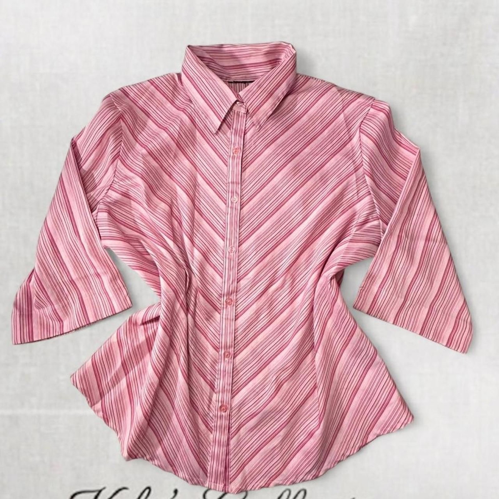 Vintage Style Pink Candy Aesthetic Striped 3/4 Sleeve Button Up Top
