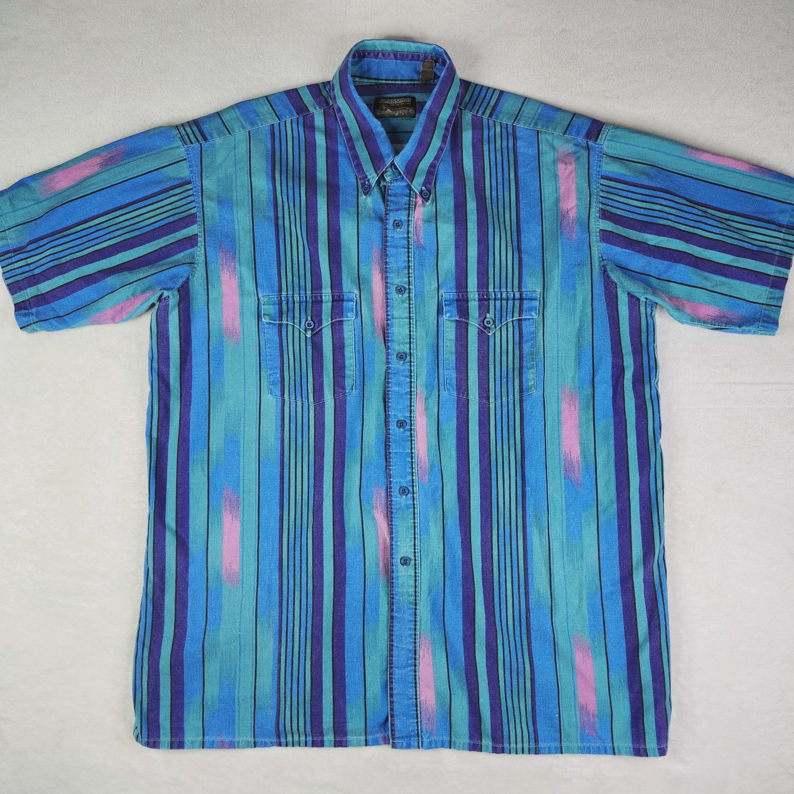 Vintage PLAINSMAN Western Striped Button Up Shirt Mens 90s Blue Short Sleeve