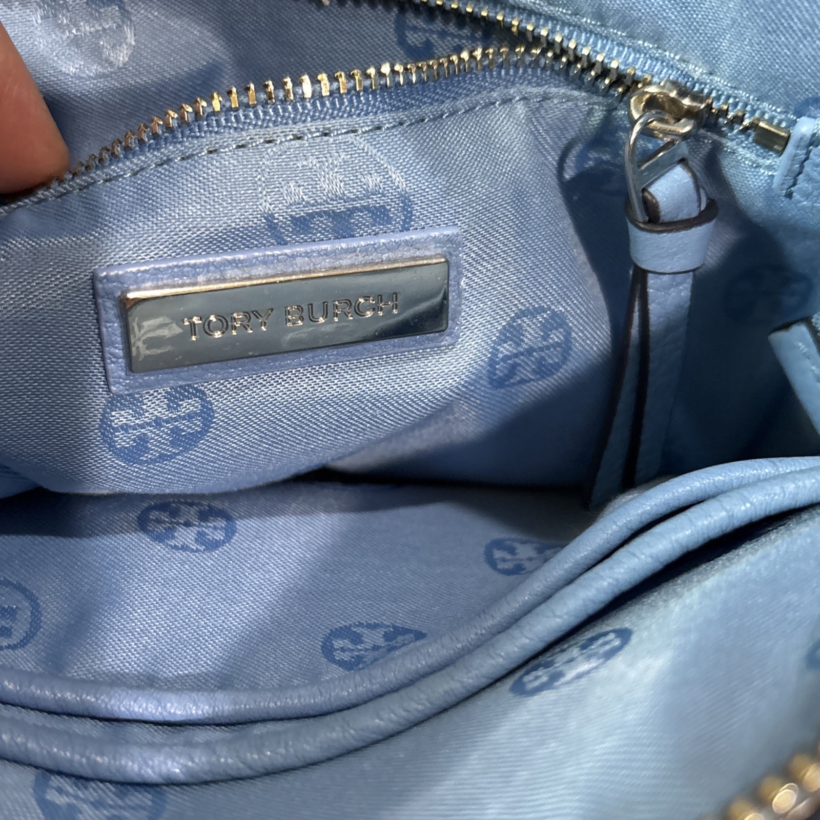Tory Burch Light Blue Pebbled Leather Crossbody Tassel Logo