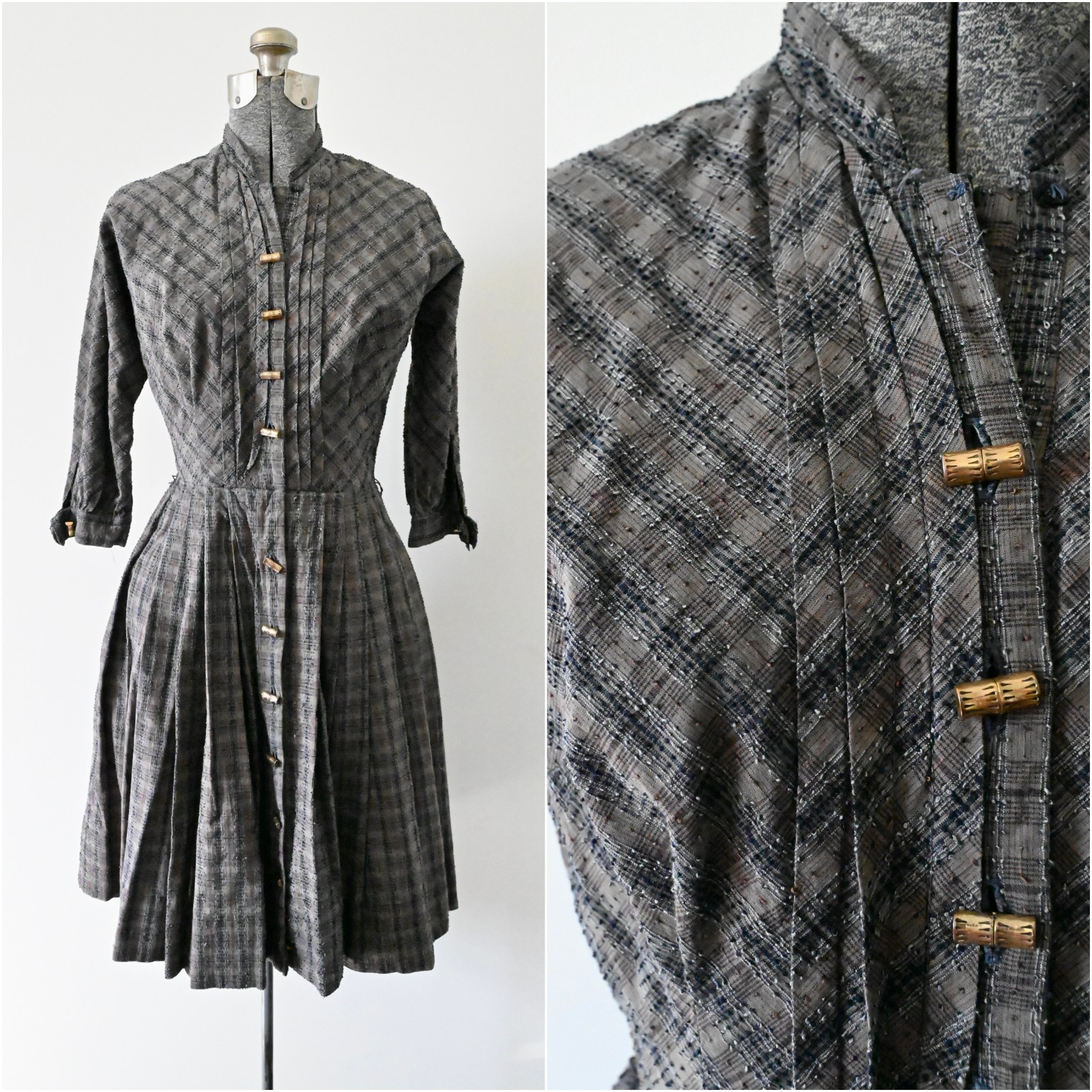 1950s Betty Hartford Brown Black Plaid Fit and Flare Dress w/ Half Sleeves