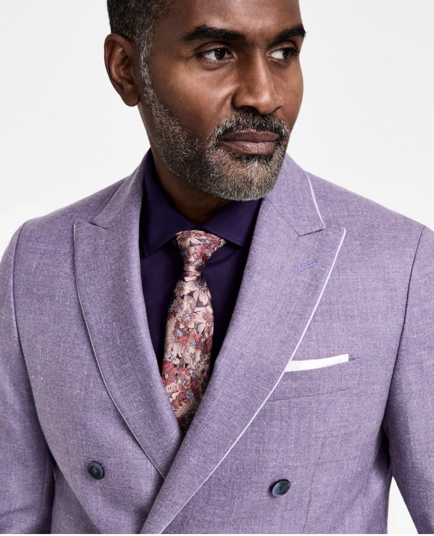Tallia Mens Slim fit Wool Linen Double Breasted Suit Jacket Blazer 42R Purple