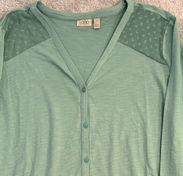 LOGO Lori Goldstein Plus 3X Green Knit Cardigan Clip Dot Trim A689378 NWOT