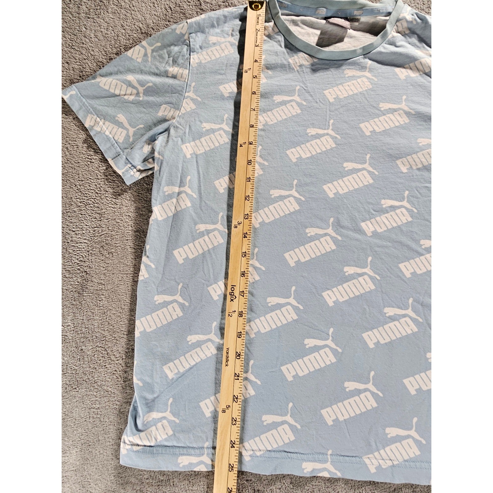 Puma Mens All Over Logo Print T-Shirt Light Blue White Short Sleeve Size M