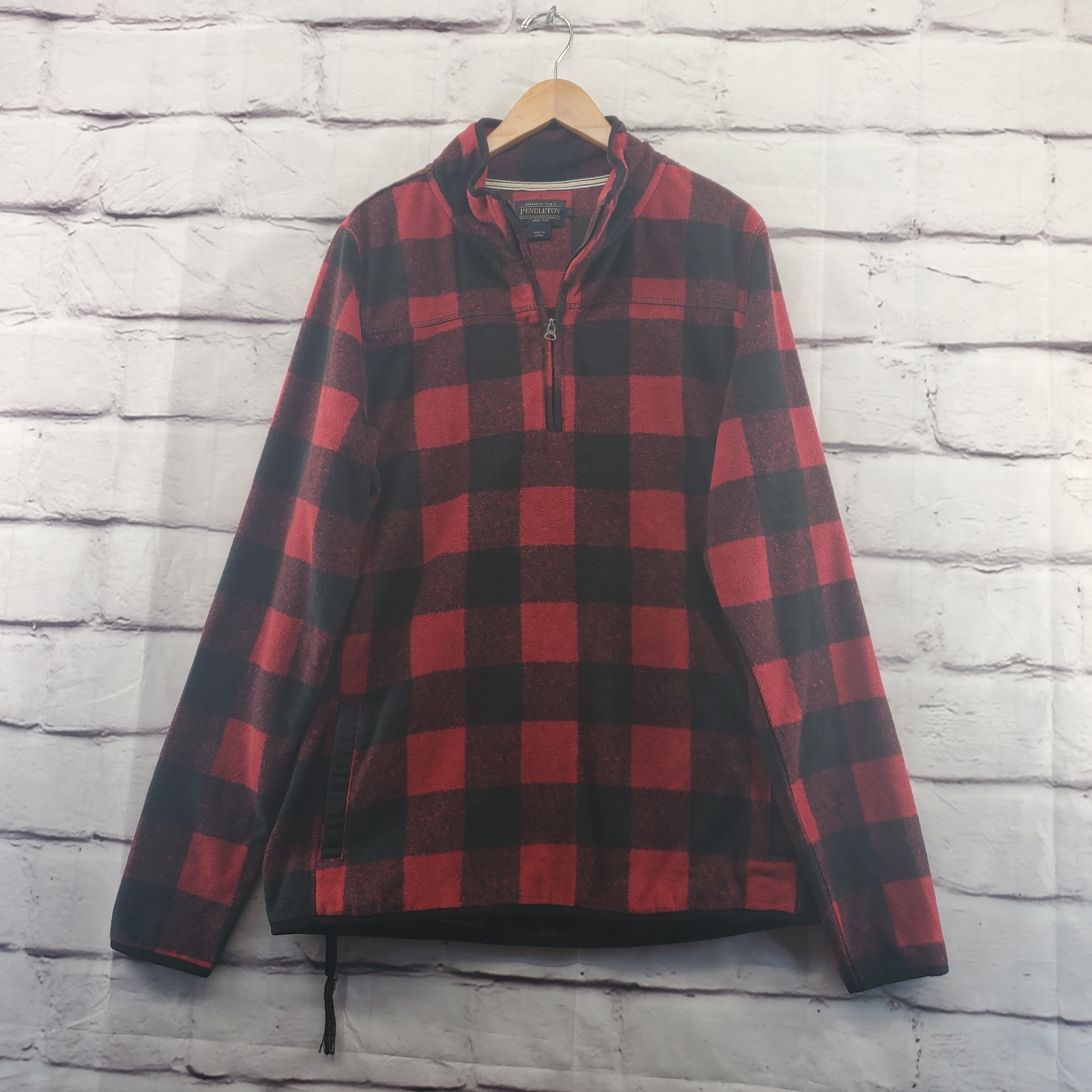 PENDLETON Jacket Mens Large Buffalo Plaid 1/4 Zip Long Sleeve Red Black
