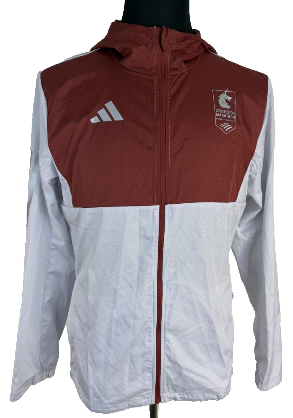Adidas Boston Marathon 2025 Carrera Jacket Mens Small Burgundy White Hooded NEW
