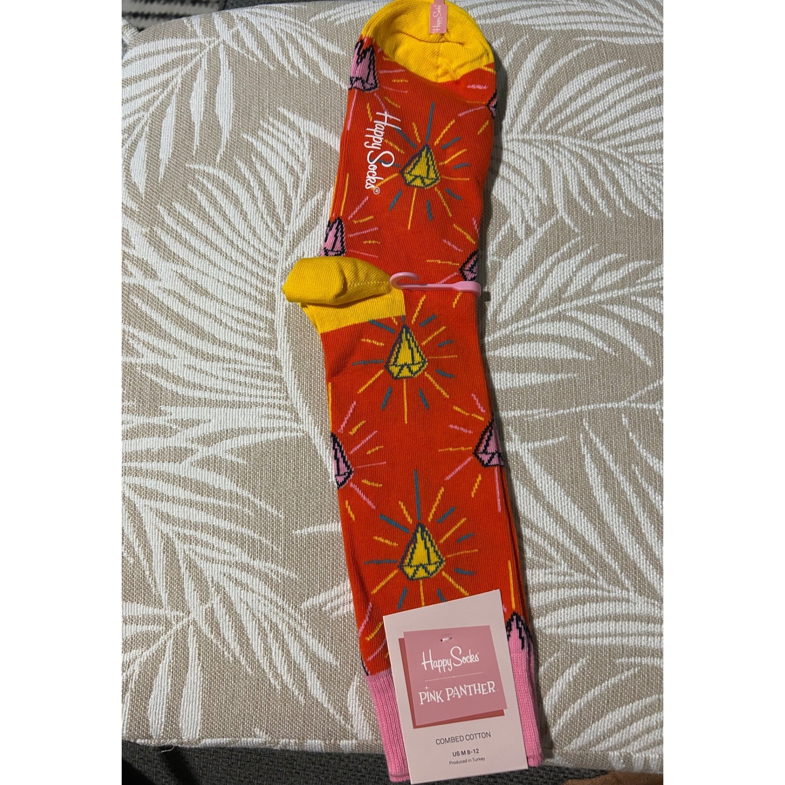 Happy Socks Mens Pink Panther Diamond Combed Cotton 8-12 Orange Pink Yellow New