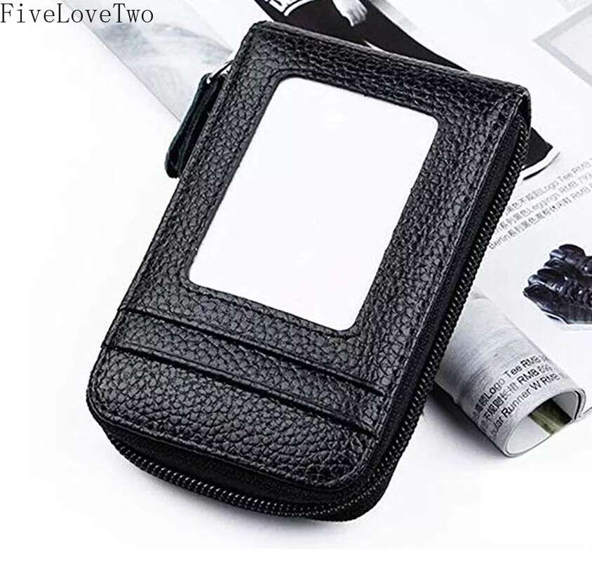 Leather Credit Card Holder RFID-Blocking Zipper Pocket Wallet with ID Window
