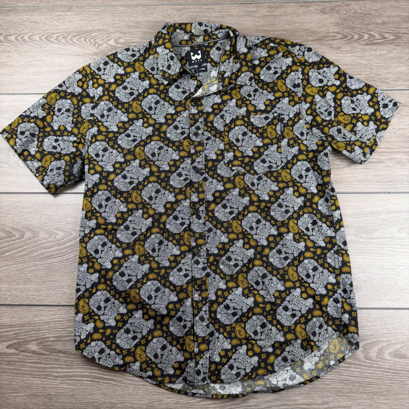 WXYZ Mens Button Up Shirt Skull Paisley Print Black Yellow Large