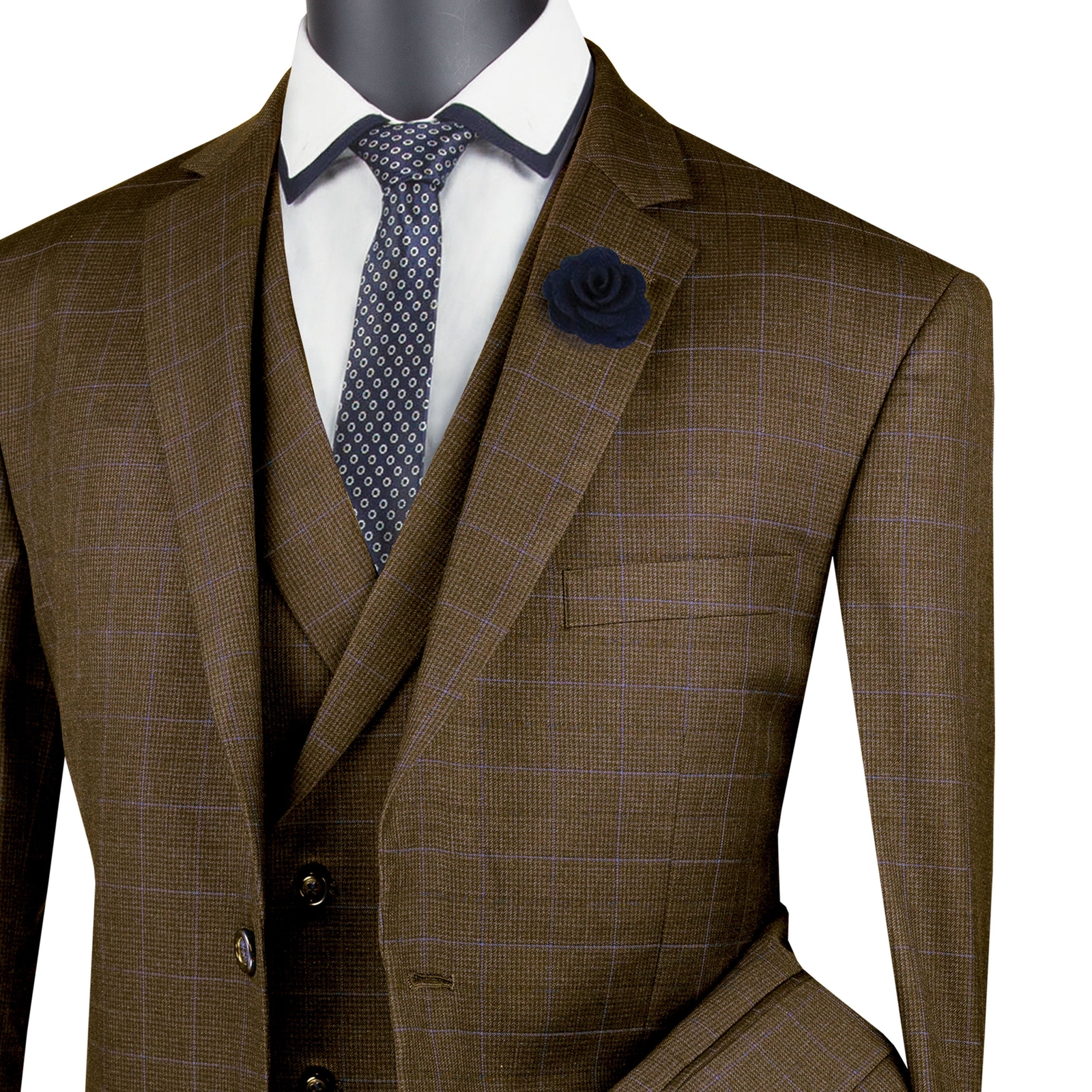 VINCI Men’s Taupe Brown Glen Plaid 3 Piece 2 Button Classic Fit Suit NEW