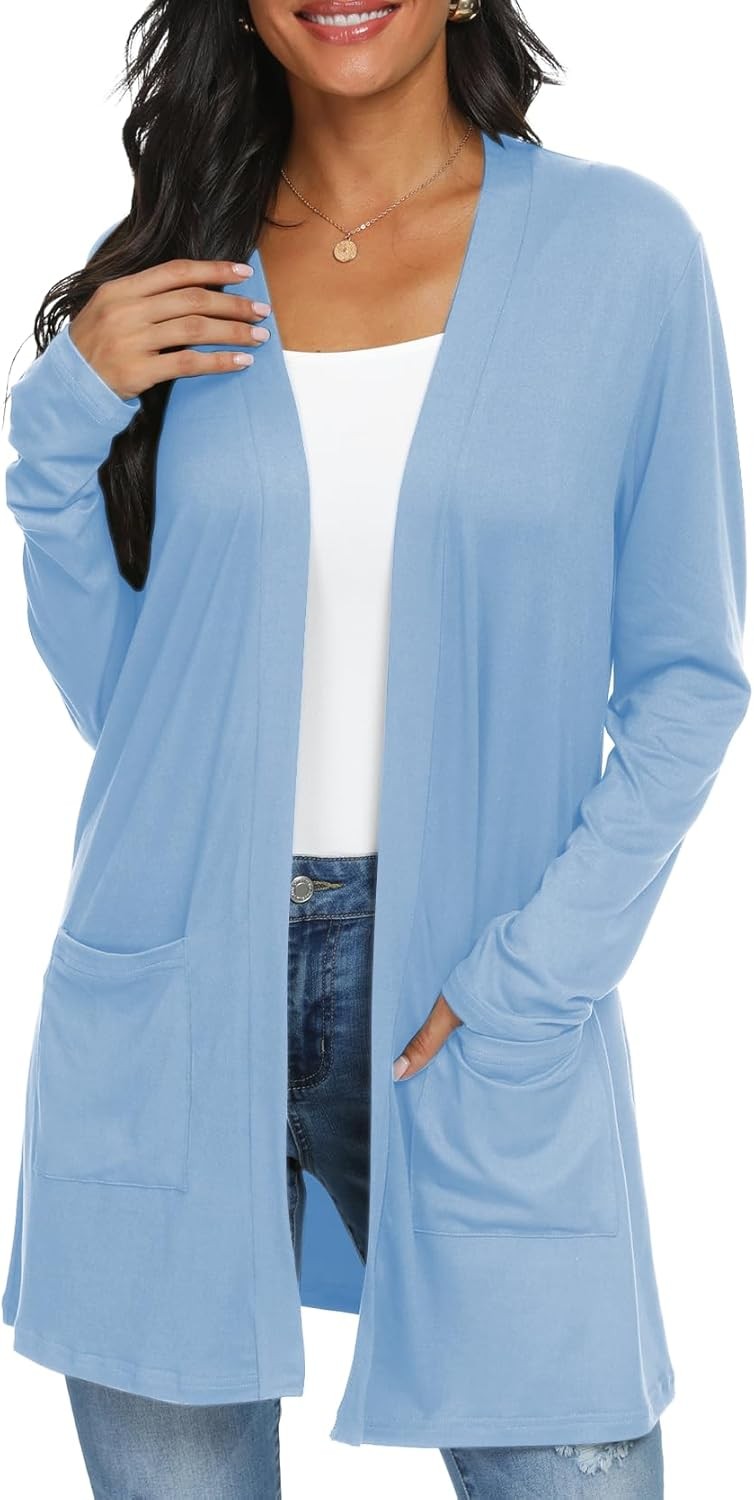 Womens Open Front Long Sleeve Cardigan Lightweight Casual Knit Sweater
