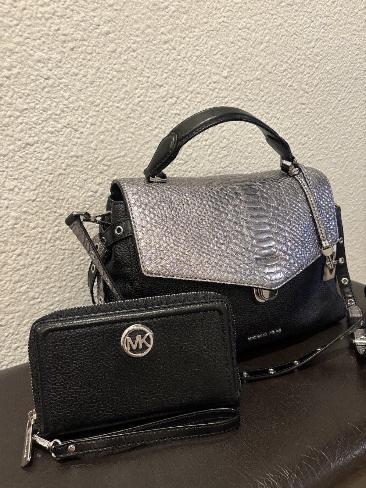 Michael Kors Black Satchel w Snake Print Flap, Silver Hardware & wallet
