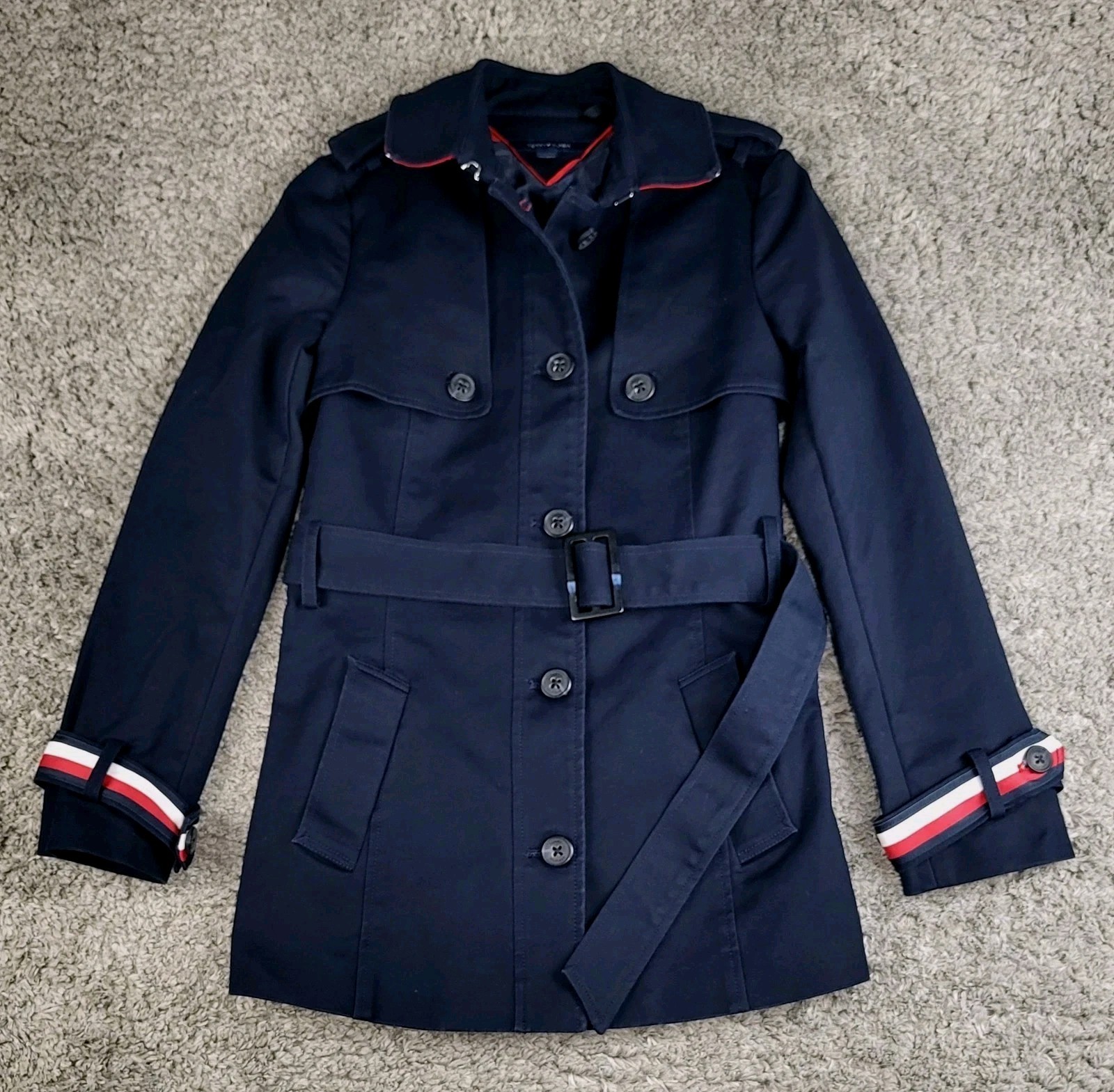Tommy Hilfiger Coat Double Breasted Navy Blue Trench Coat Womens Medium Belted