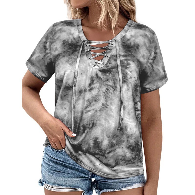Plus Size Women’s Short Sleeved Tie Dye T-Shirt Loose Oversized Top V-neck Tops