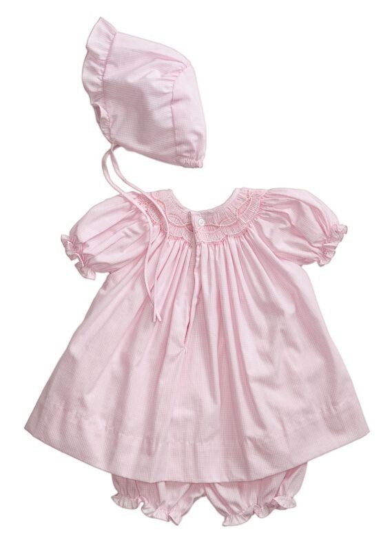 Petit Ami Baby Girls Newborn Pink Zig-Zag Smocked Dress, Panty & Bonnet NWT
