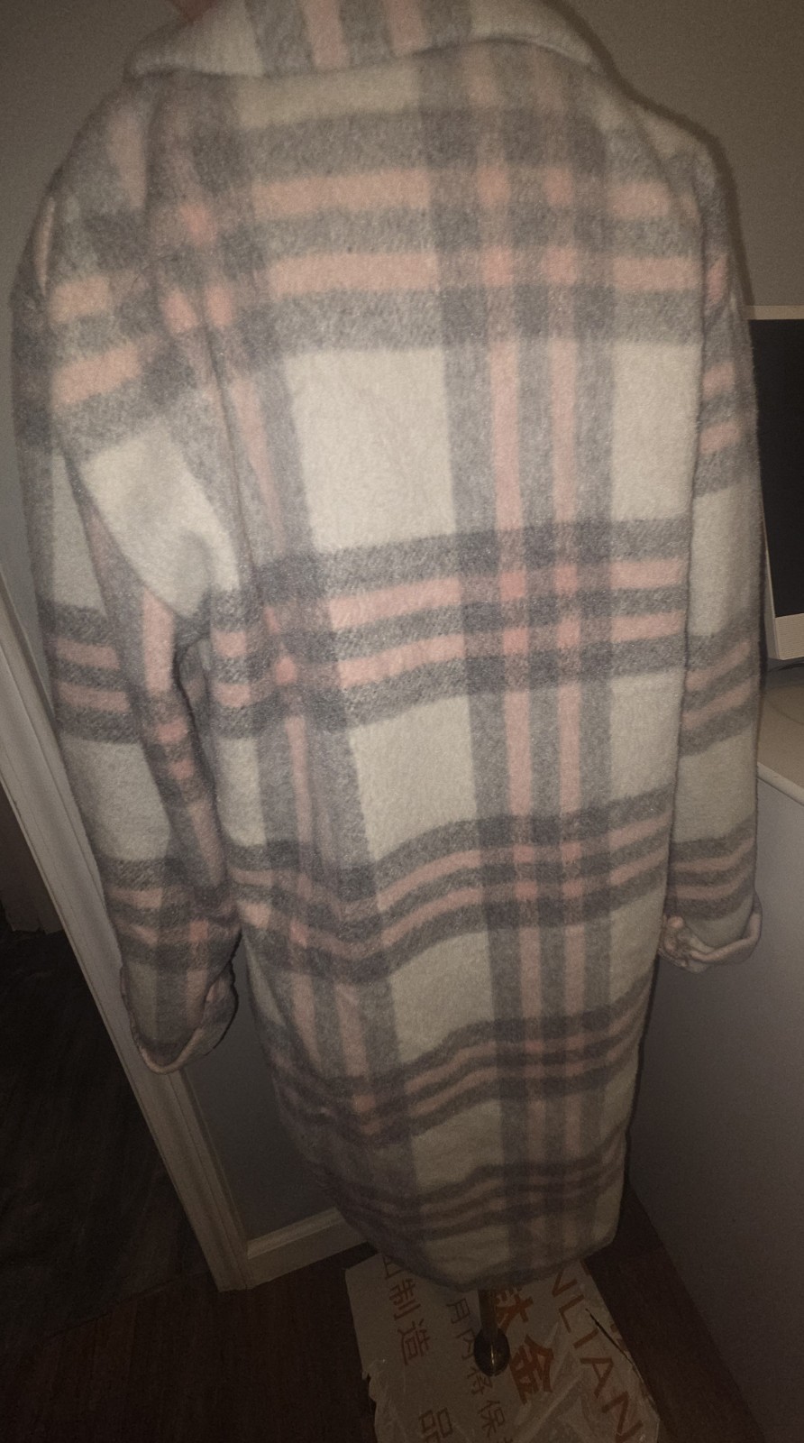 Haute Monde Women’s Gray Pink White Plaid Button Front Long Overcoat Size L