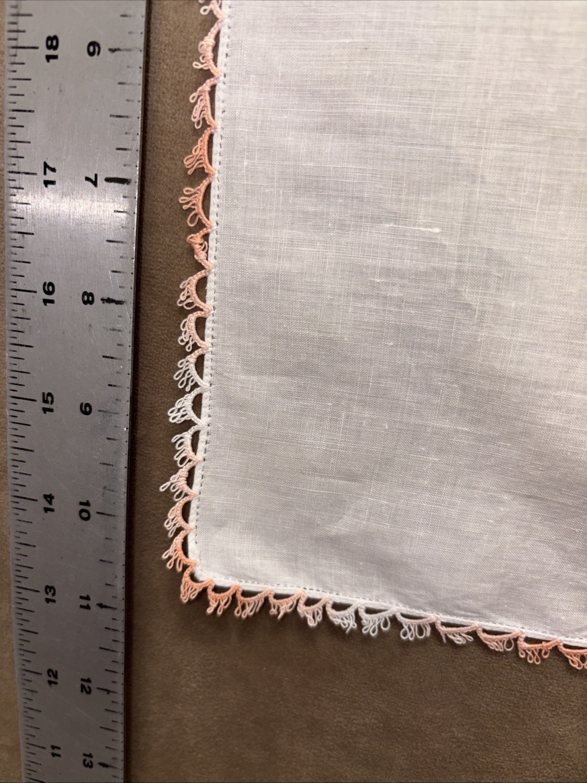 Handkerchief Linen Tatted Pink Blush Edging Vintage Hanky Nice!