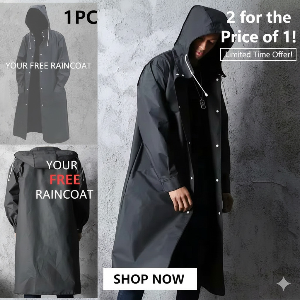 Adult Black Long Raincoat Hooded Waterproof Windbreaker Tactical Outdoor Poncho