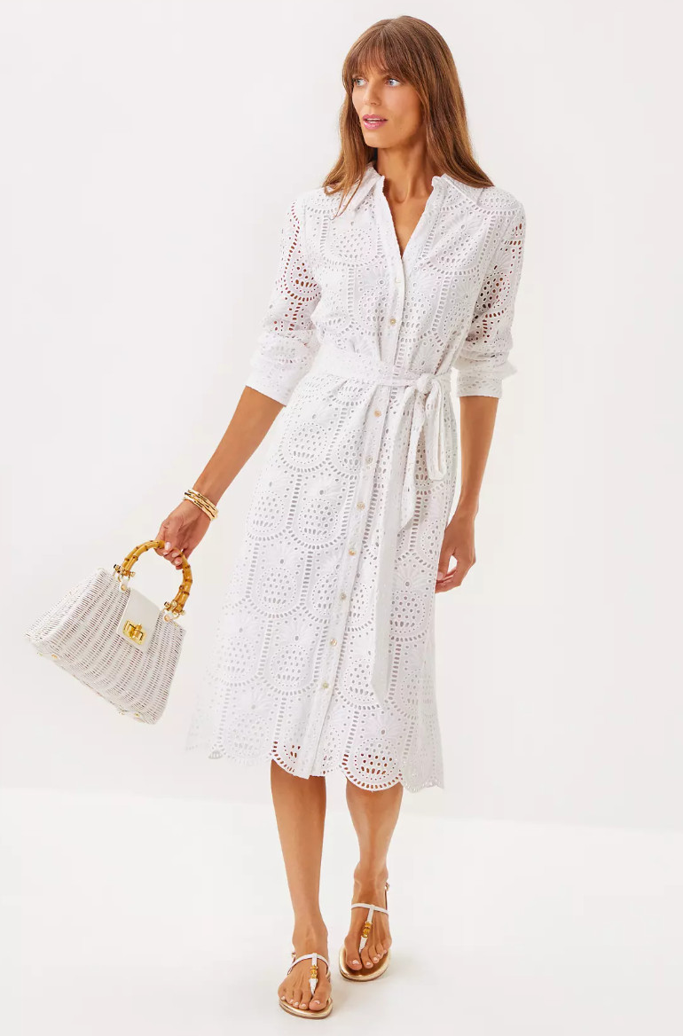 Lilly Pulitzer Eira White Pineapple Tile Eyelet Midi Shirt Dress – Size 10 – NWT