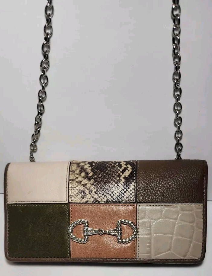 BRIGHTON OFF THE GRID ROCKMORE HORSE BIT EMBLEM PATCHWORK CROSSBODY WALLET NWD