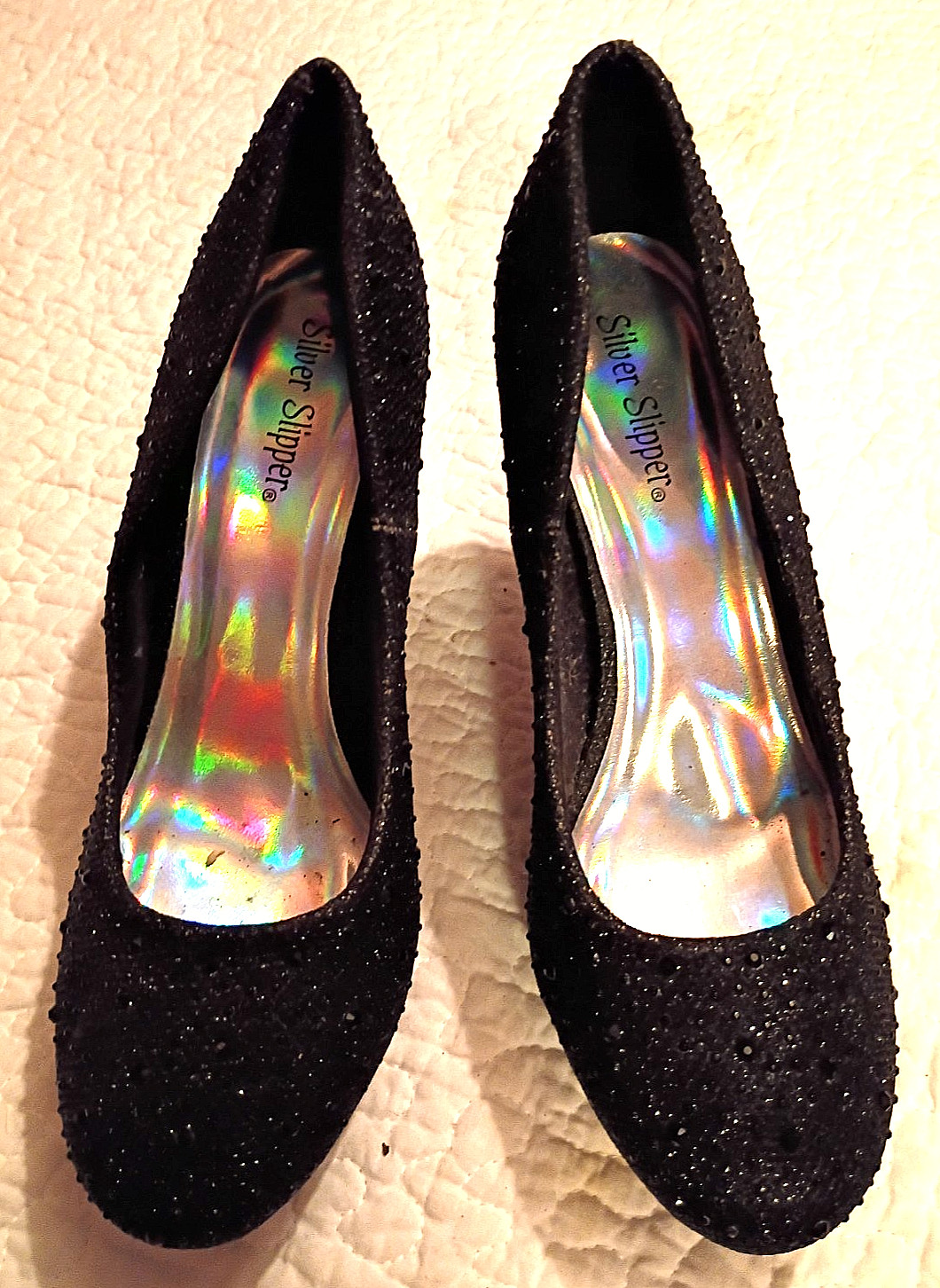 Black glitter pumps, women’s 7 M, Silver Slipper brand, 3.5-in heels, UNWORN
