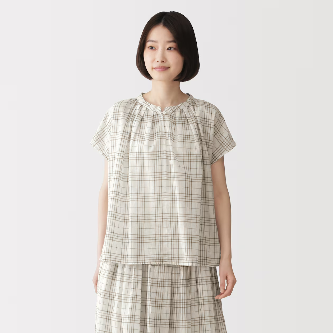 MUJI Womens 100% Organic Cotton Sheer French Sleeve Blouse Ivory Check FedEx