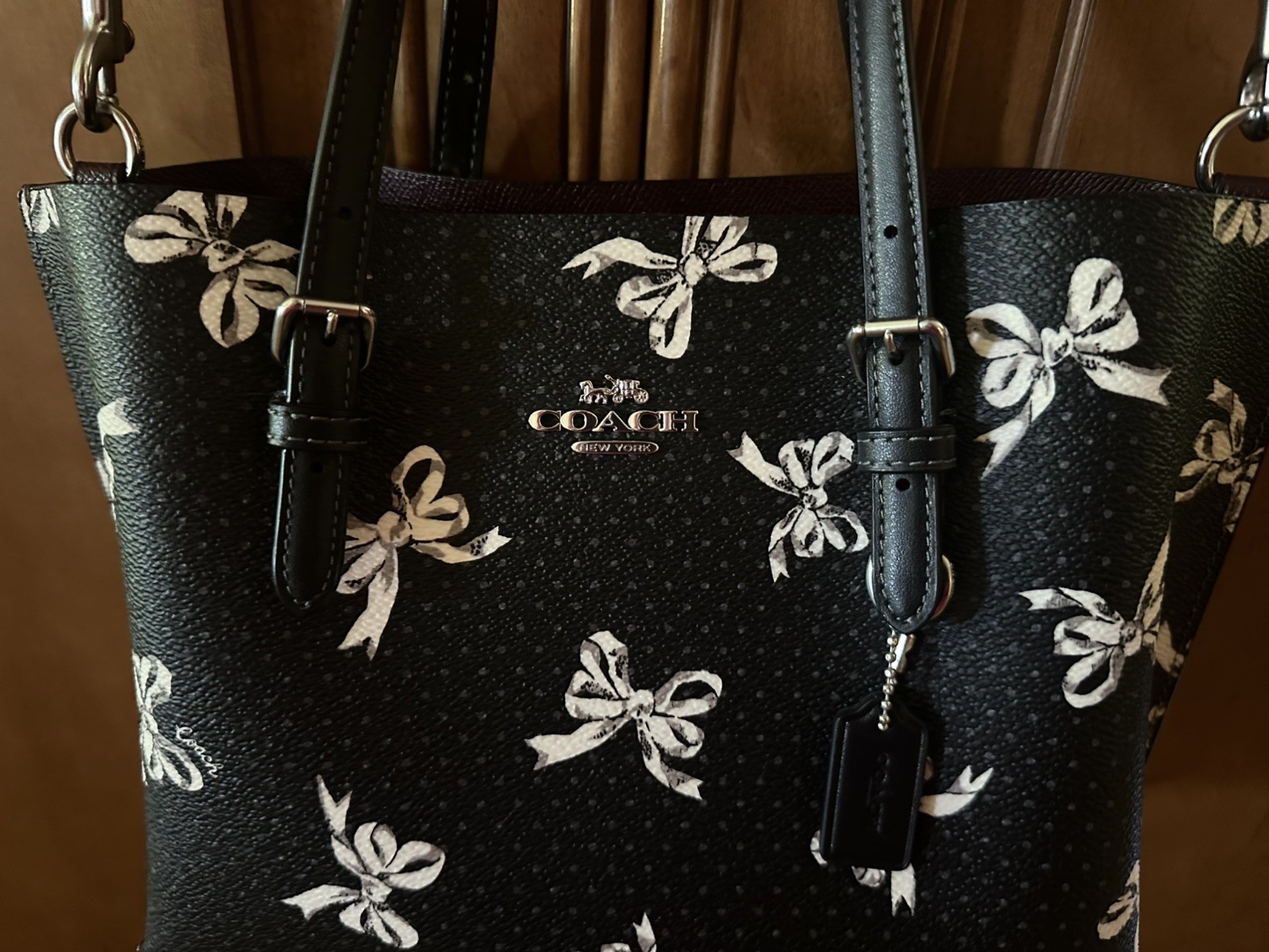 NWOT Coach Mollie Tote Bag 25 Bow Print Coated Canvas & Leather Black CY648