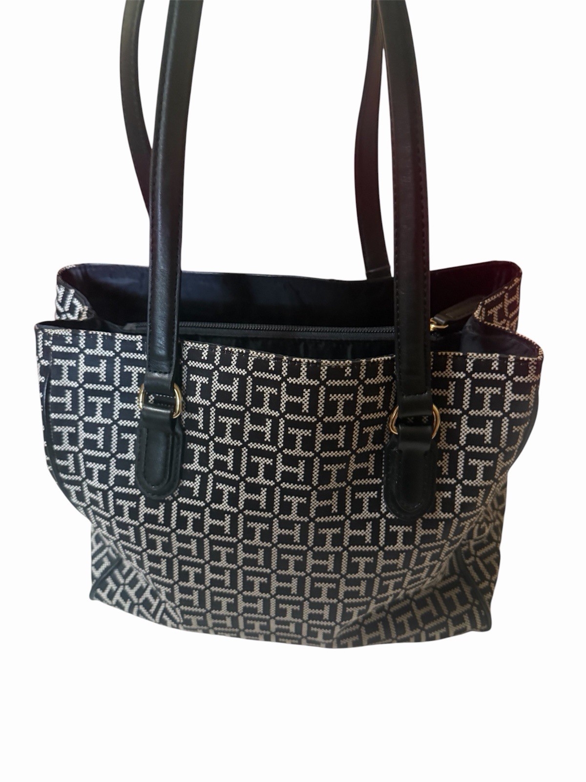 Tommy Hilfiger Monogram Tote Bag Zip Closure Logo Accents Gold Hardware