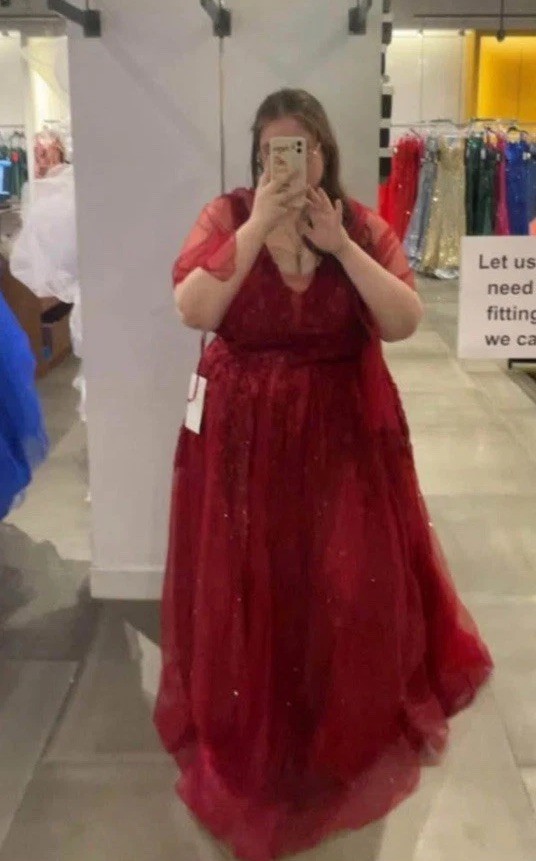 Women’s Plus 4XL Red Glitter Tulle V-Neck Short Sleeve Long Formal Gown