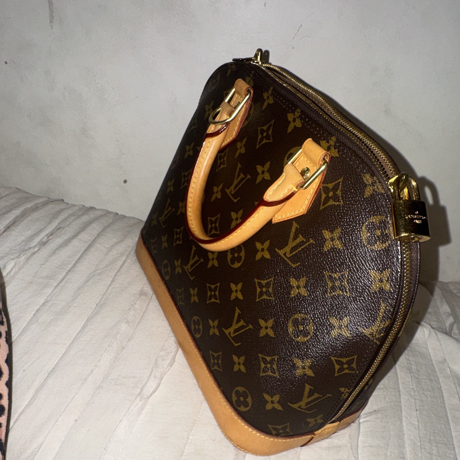 Louis Vuitton Monogram Alma Top Handle Satchel Brown Tan Gold Hardware Lock