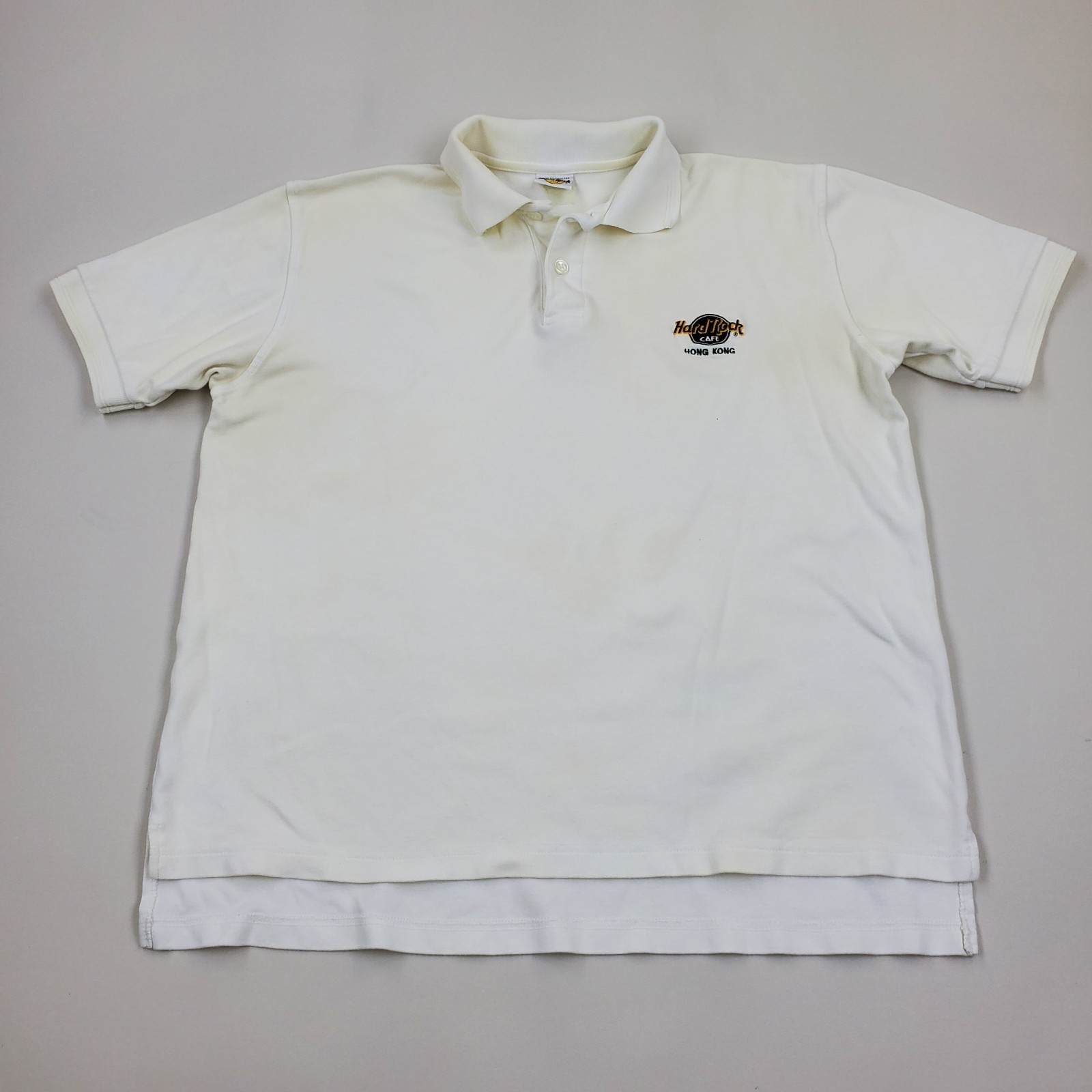 Vintage 90s Hard Rock Cafe Polo Shirt T Shirt Embroidered Logo Hong Kong White