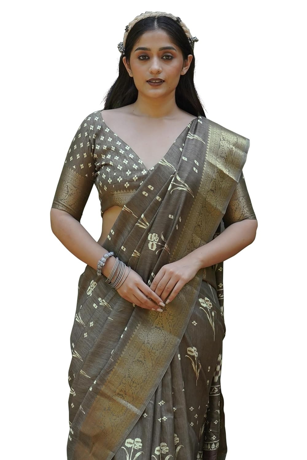 Women’s Silk Blend Block Printed Saree with Blouse Piece