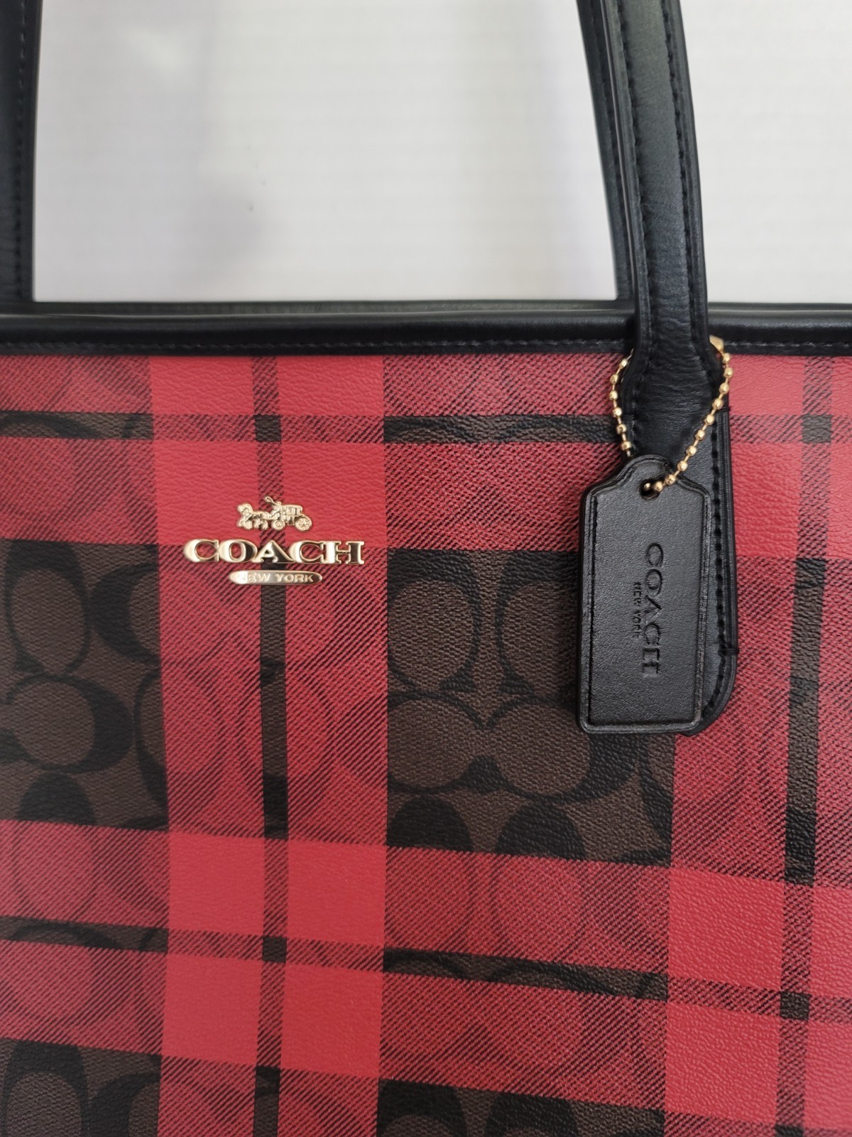 Coach Large Red Plaid Signature Tote Double Handles Open Top Bag Charm Gold