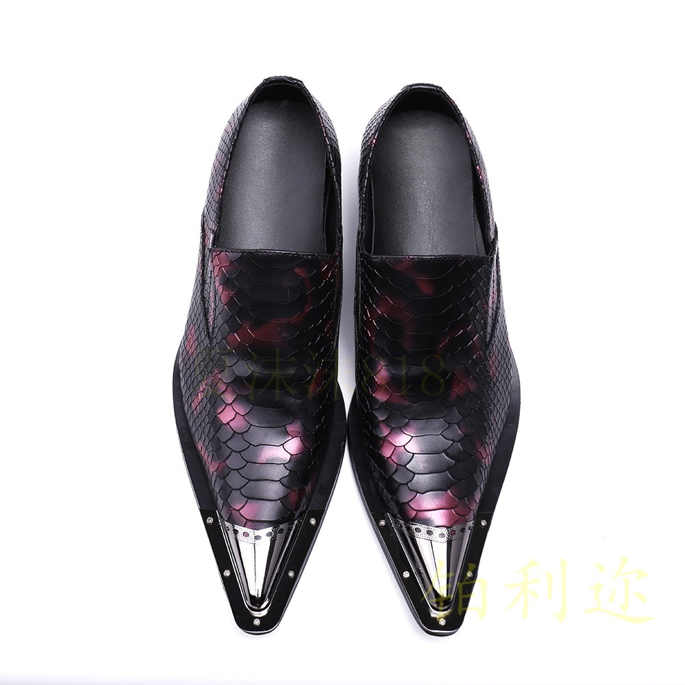 Men’s Steel Pointed Toe Shoes Loafers Snakeskin Pattern Performance Stage Show
